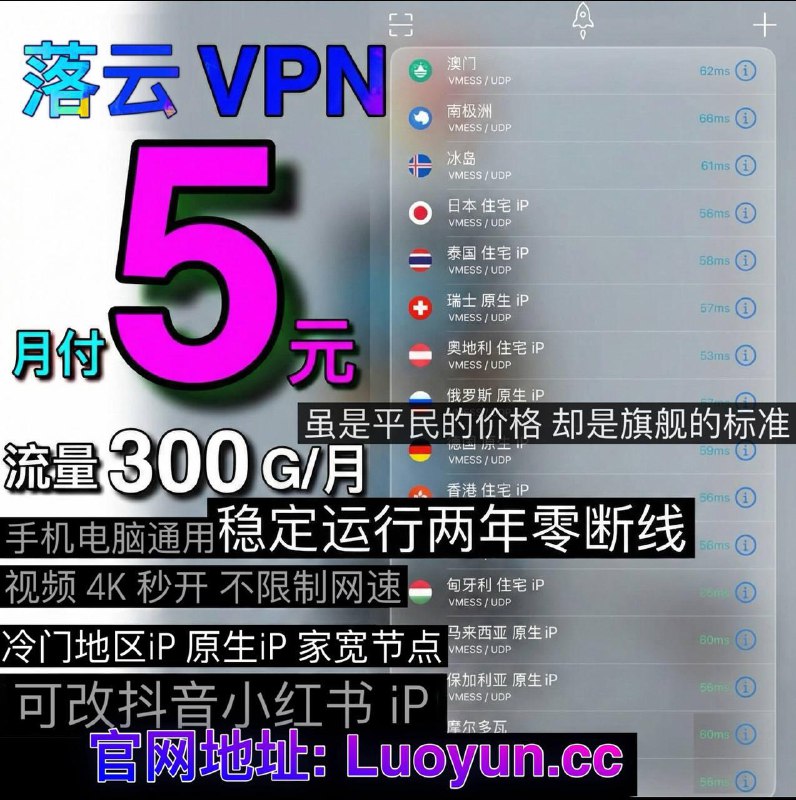 落云 VPN👉 稳定运行3 年零断线➡️ 月付 ¥5 元➡️ 300GB 流量每月无倍率无年付套路手机电脑通用 不限制网速与在线设备高峰期视频 4K 秒开